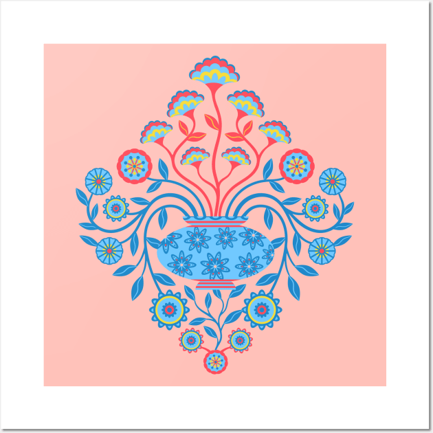 DREAMY DAMASK Cottagecore Floral Botanical Damask with Vase Icy Blue Red Yellow Pink - UnBlink Studio by Jackie Tahara Wall Art by UnBlink Studio by Jackie Tahara